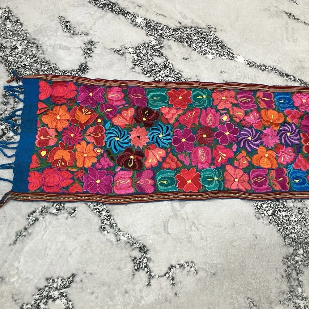 Vintage Embroidered Floral Table Runner Boho Guatemalan Style Textile 92 x 17